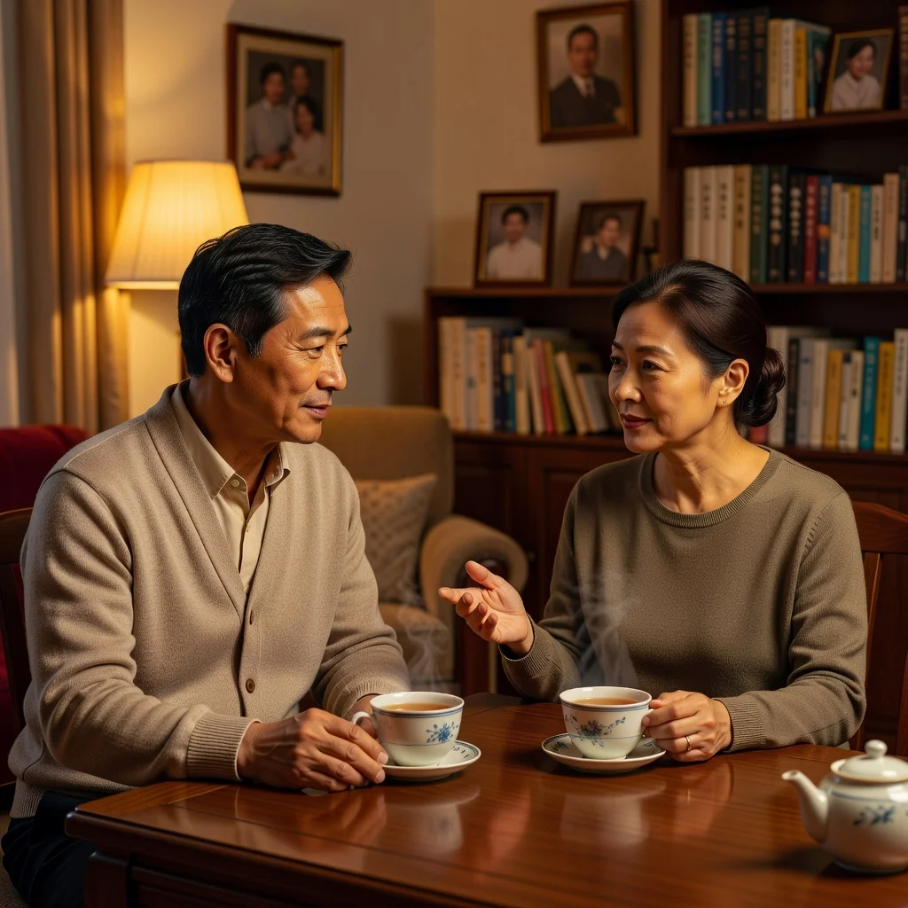 A photorealistic image representing the purpose of a child custody agreement in China, focusing on parental care and family harmony without showing any children. Depict a thoughtful Chinese couple in a modern home setting, discussing amicably over tea, symbolizing cooperation in parenting responsibilities.