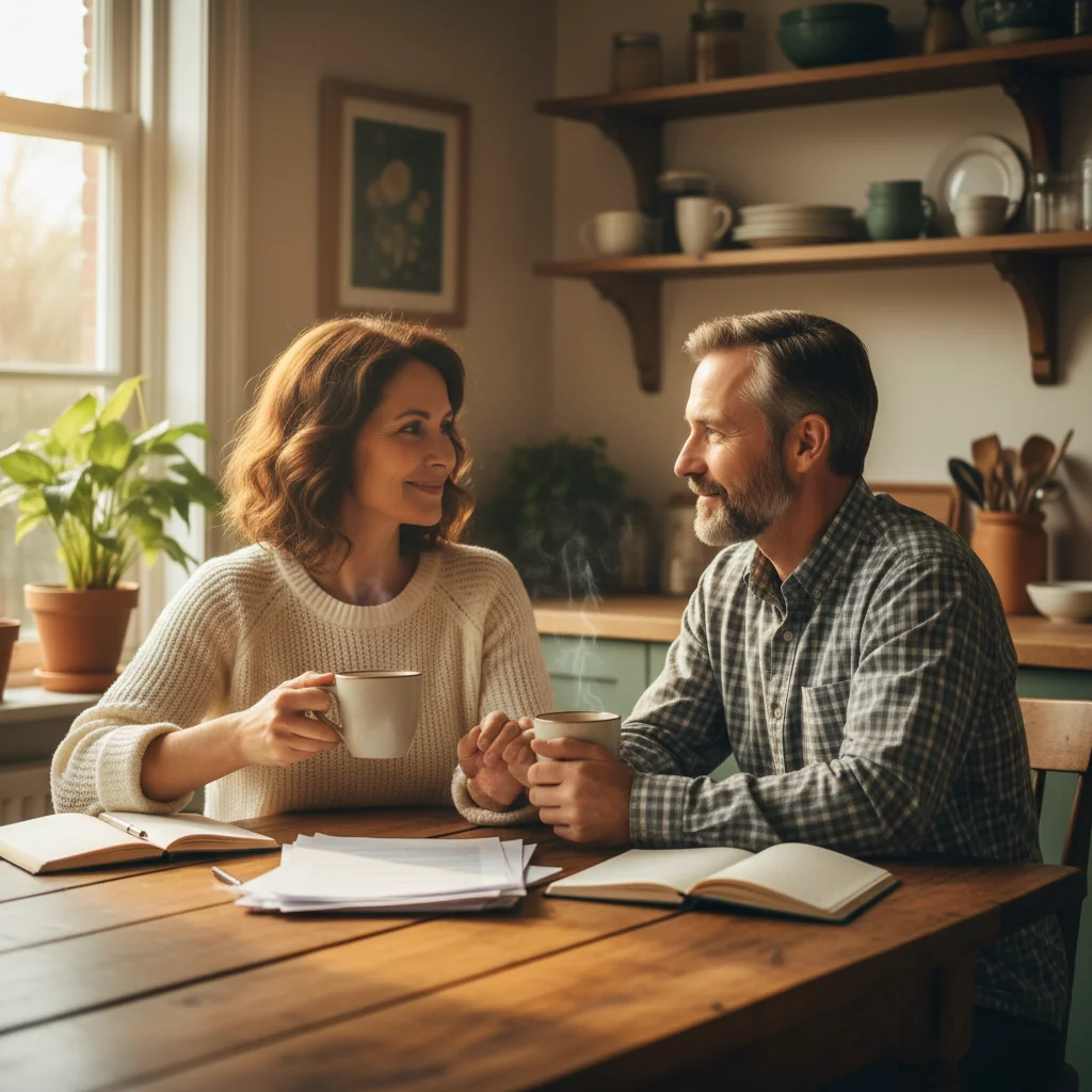 A photorealistic image depicting a harmonious family scene with parents discussing and agreeing on parenting arrangements, symbolizing the benefits and obligations of a parental agreement, without any children present.