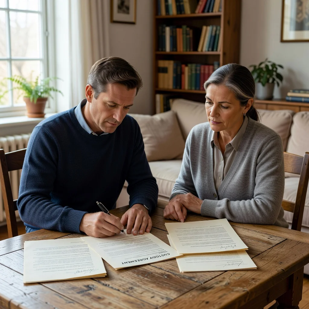 A photorealistic image depicting a caring parent and guardian discussing and signing an agreement in a warm home setting, symbolizing the protection and legal foundation for child custody arrangements. The focus is on the emotional bond and responsibility between adults, without any children present.