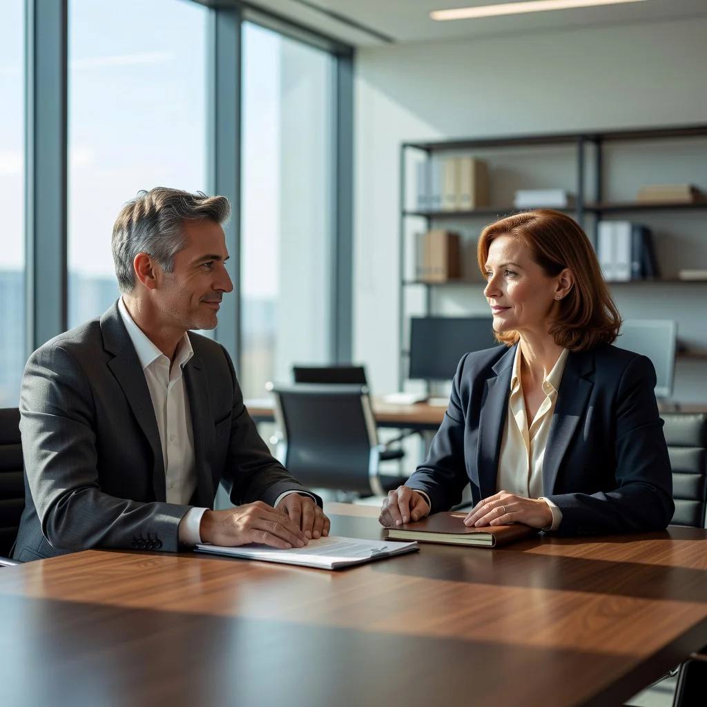 A photorealistic image depicting a peaceful family mediation session between divorced parents, focusing on adults discussing amicably in a modern office setting, symbolizing rights and obligations in child custody agreements without showing any children.