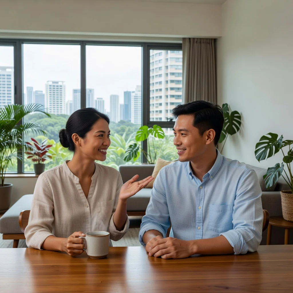 A photorealistic image representing the purpose of a parenting agreement in Singapore, focusing on harmonious co-parenting between two adults without showing any children. Depict a diverse Asian couple in a modern Singaporean living room, sitting amicably at a table, discussing calmly with positive expressions, surrounded by subtle Singapore elements like a window view of tropical greenery or HDB architecture.