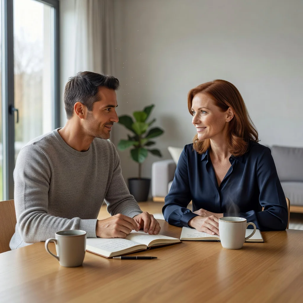 A photorealistic image depicting a calm and supportive conversation between two adults, such as parents, in a neutral setting like a living room or park bench, symbolizing the cooperative agreement on shared responsibilities without any focus on legal documents.
