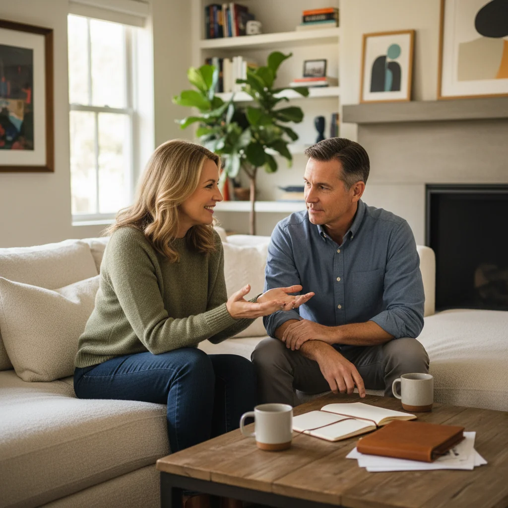 A photorealistic image depicting a peaceful and harmonious family discussion between two parents in a cozy living room, symbolizing agreement and cooperation in parenting responsibilities, without any children present.