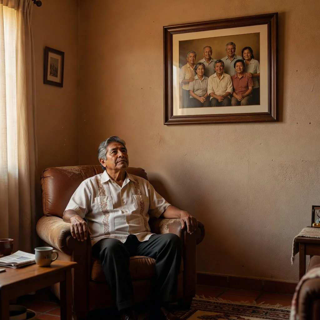 A photorealistic image representing family custody and guardianship in Mexico, showing a caring adult parent in a thoughtful moment at home, perhaps looking at a family photo album, evoking themes of protection and responsibility without depicting any children.
