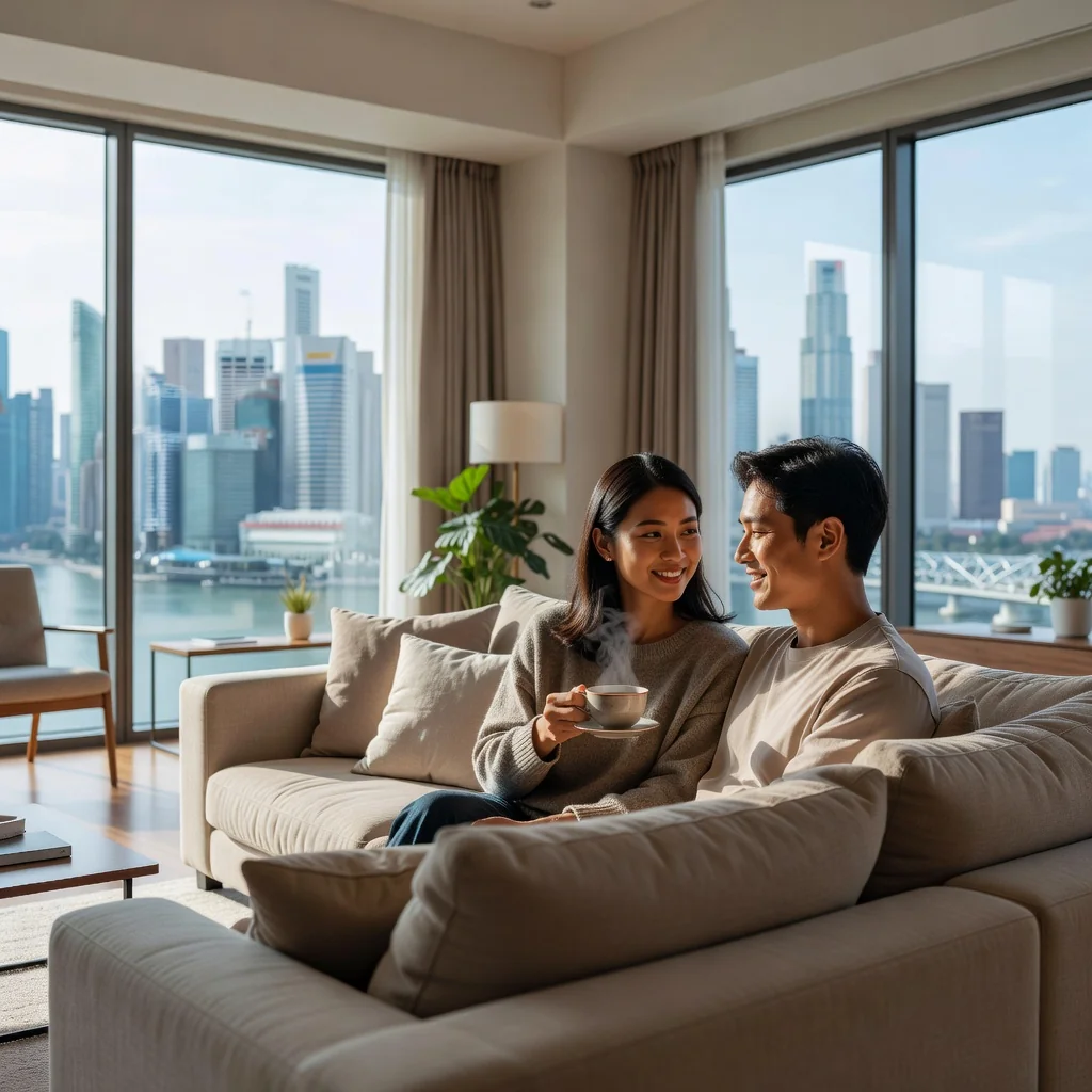 A photorealistic image of a loving couple in a modern Singapore apartment, sitting together on a couch, discussing amicably with warm smiles, holding hands, symbolizing cooperation and harmony in family matters for a parenting agreement.