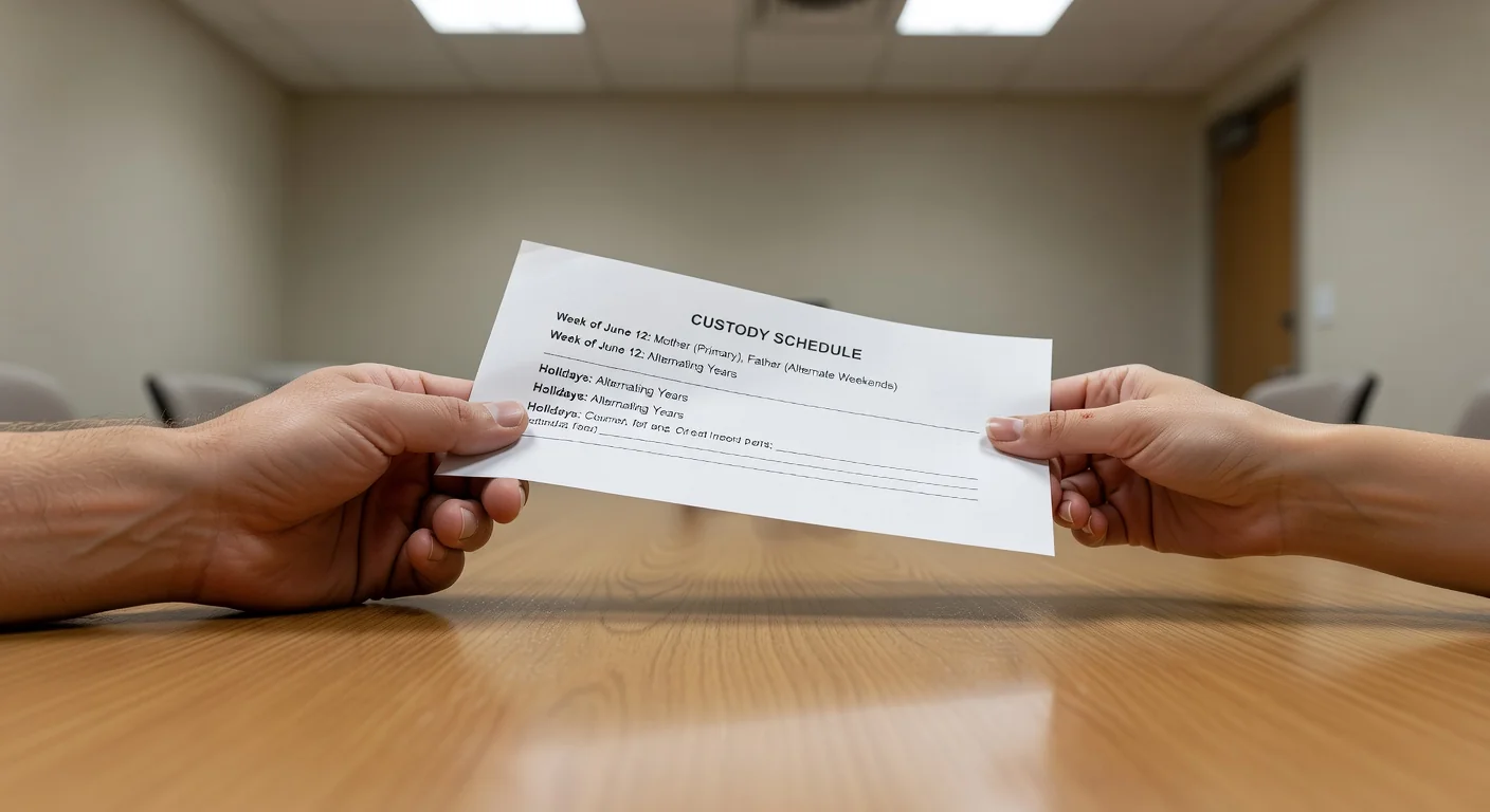 Hands exchanging custody schedule papers.