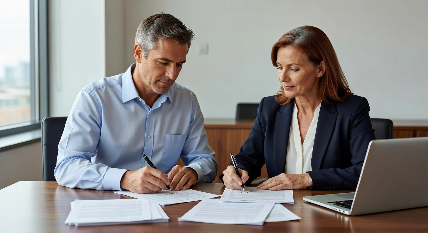 Parents signing legal document together.