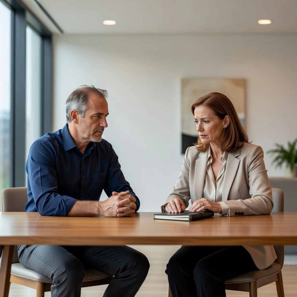 A photorealistic image of a thoughtful divorced couple sitting across from each other at a neutral table in a mediator's office, discussing child custody arrangements with serious expressions, symbolizing the importance of a well-crafted custody agreement without showing any children or legal documents.
