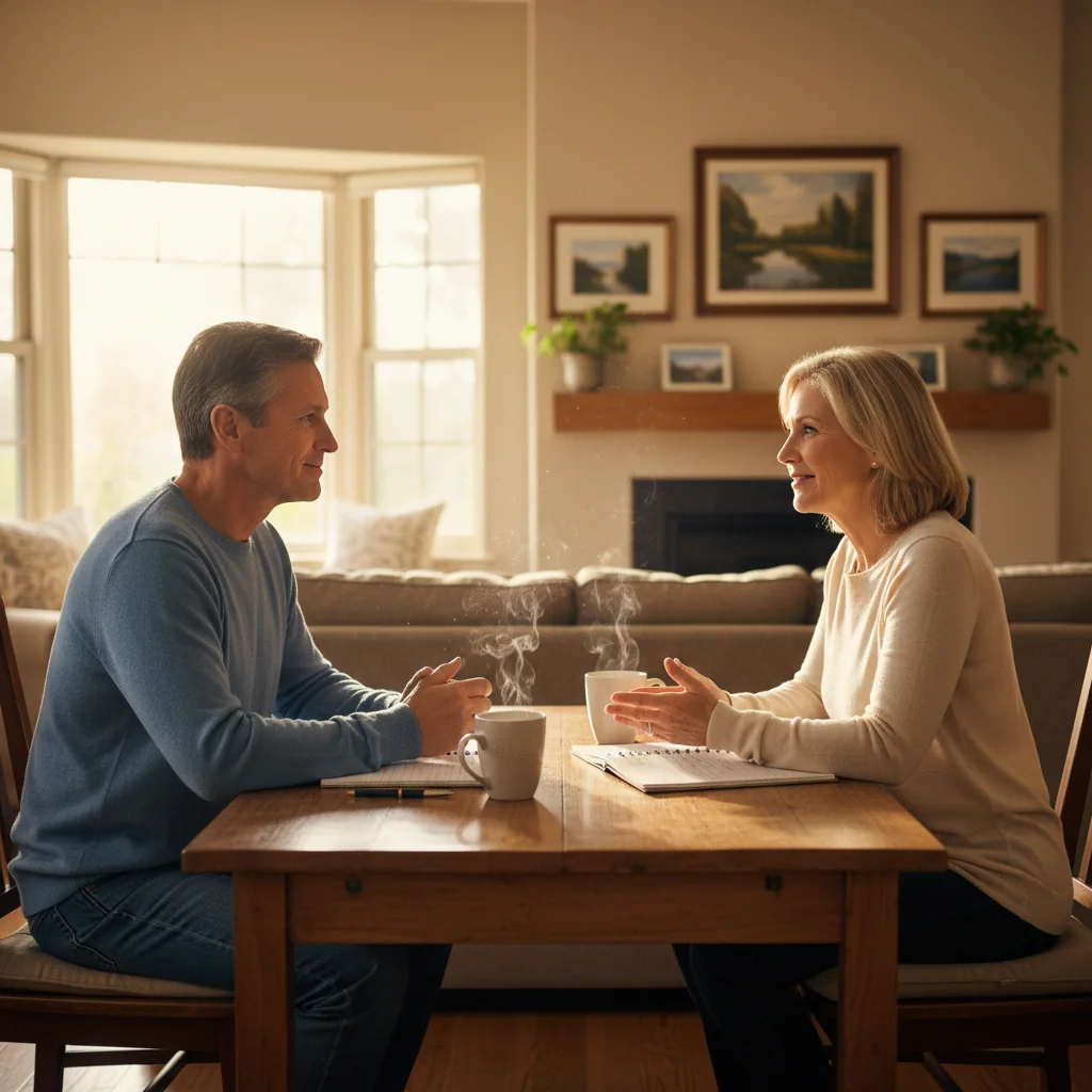 A photorealistic image depicting a peaceful discussion between two parents in a neutral setting, symbolizing the regulation of parental responsibilities, with warm lighting and expressions of mutual understanding, no children visible.