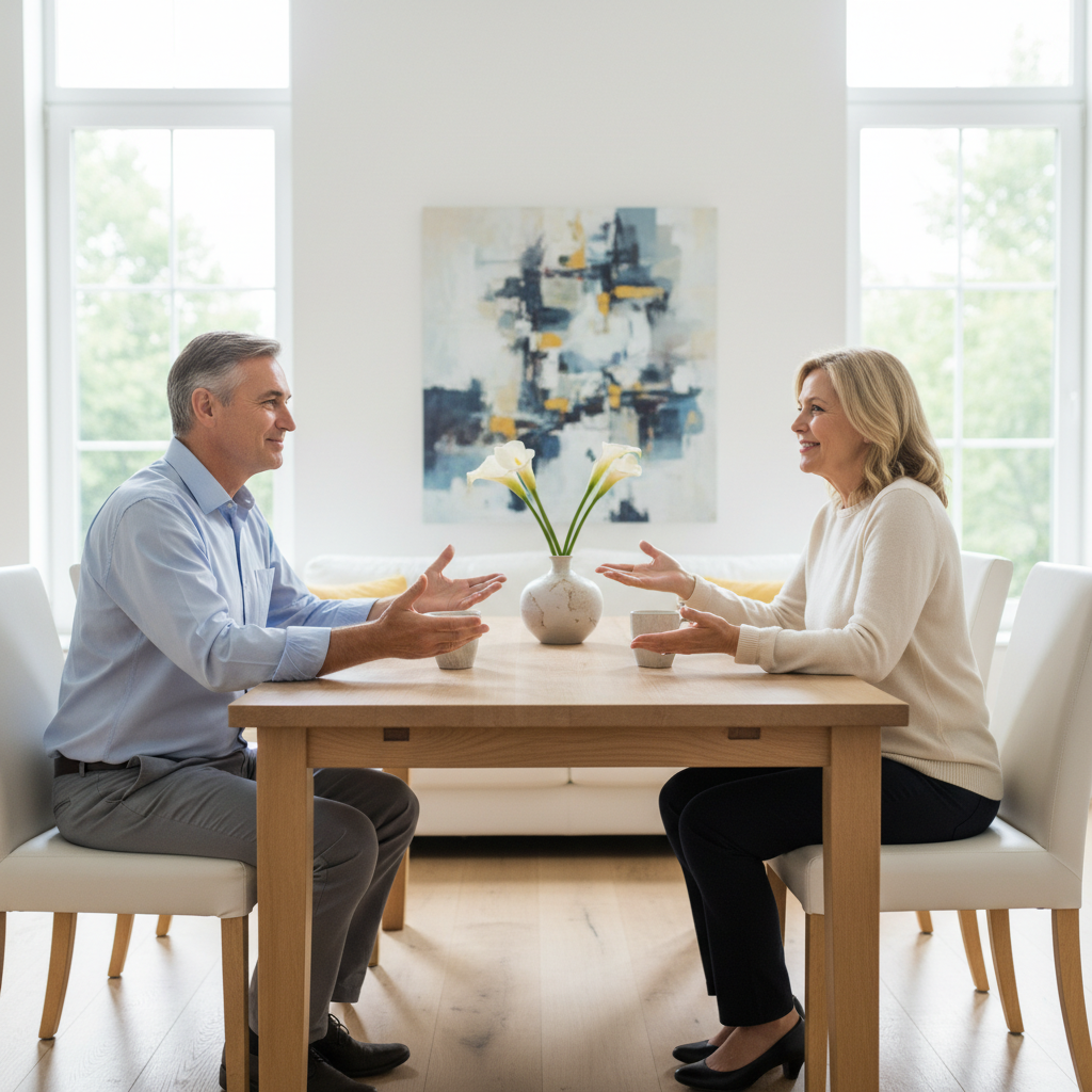 A photorealistic image depicting a peaceful post-divorce family scenario, focusing on two divorced parents having a calm and cooperative conversation in a modern living room, symbolizing the importance of parental regulation agreements for harmonious co-parenting. The image conveys trust, communication, and mutual respect between the adults, with no children present.