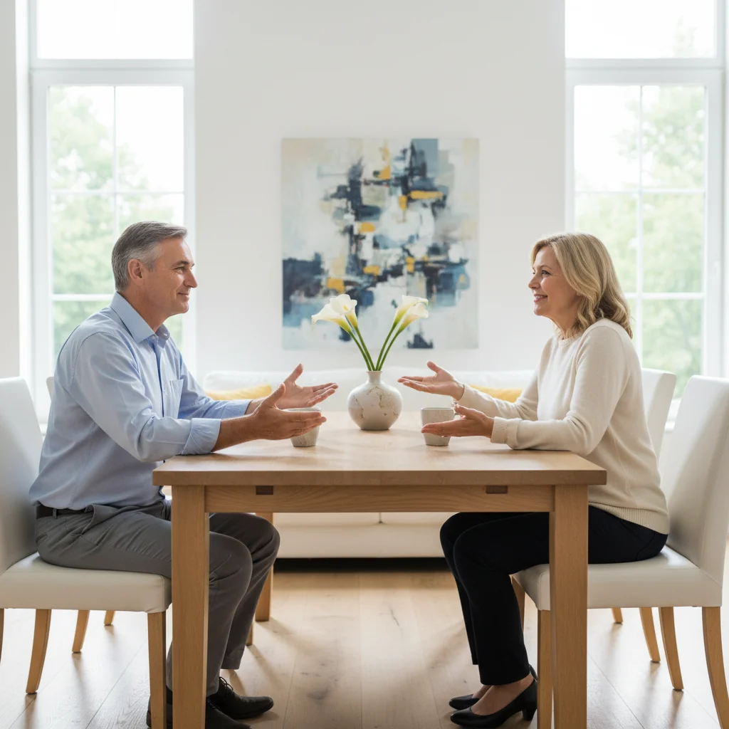 A photorealistic image depicting a peaceful post-divorce family scenario, focusing on two divorced parents having a calm and cooperative conversation in a modern living room, symbolizing the importance of parental regulation agreements for harmonious co-parenting. The image conveys trust, communication, and mutual respect between the adults, with no children present.