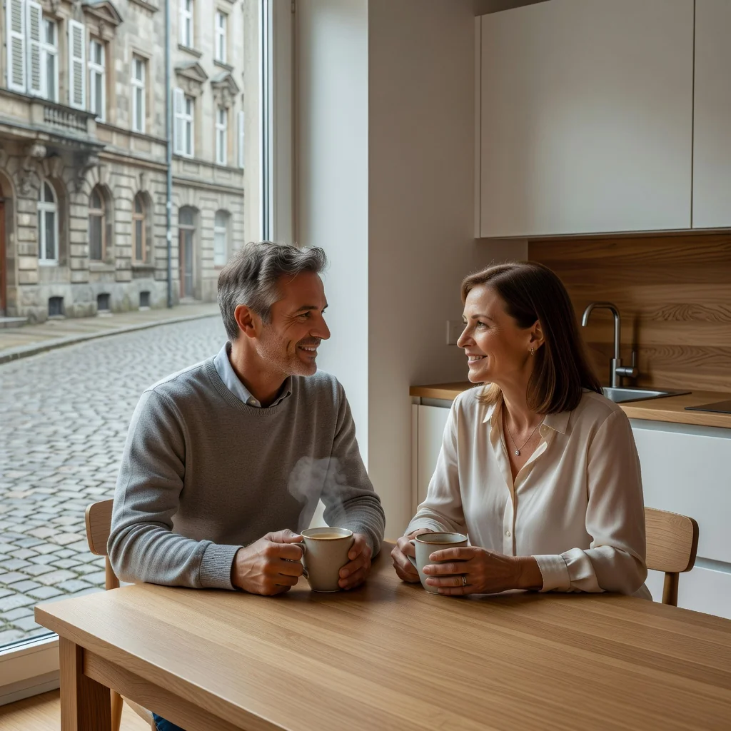 A photorealistic image depicting a peaceful family moment between two loving parents in a modern German home, symbolizing shared parental responsibilities and custody agreement. The focus is on the parents interacting warmly, perhaps sharing a conversation over coffee at a kitchen table, with subtle German elements like a window view of a typical European cityscape. No children are present in the image. The atmosphere conveys trust, cooperation, and harmony in family matters.