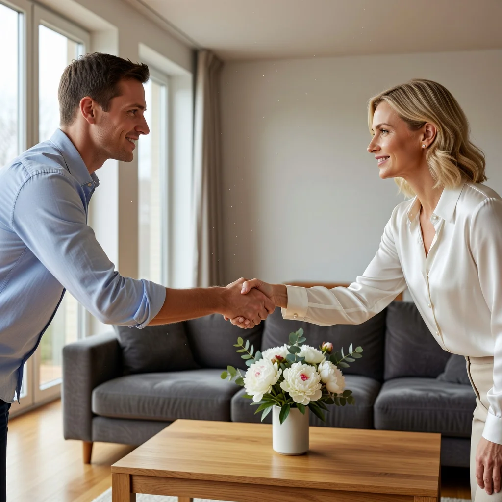 A photorealistic image representing the purpose of a Child Arrangements Order in the UK, focusing on family unity and parental cooperation. Depict two adults, one man and one woman, shaking hands warmly in a modern living room setting, with neutral background elements like a sofa and bookshelves, symbolizing amicable agreement and shared parenting responsibilities. The image conveys a sense of calm resolution and positive co-parenting without any presence of children.