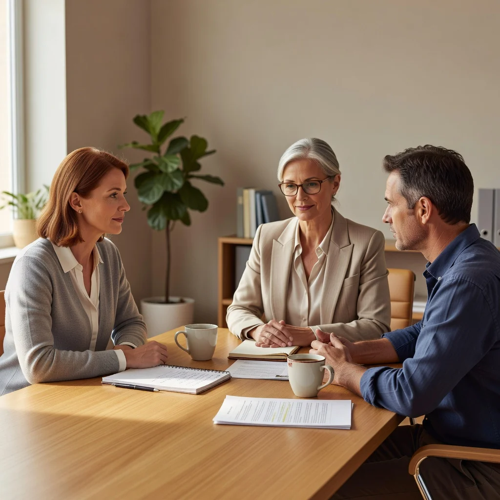 A photorealistic image depicting a peaceful family mediation session between parents discussing child custody arrangements with a mediator, focusing on the emotional support and agreement aspect without showing any children.