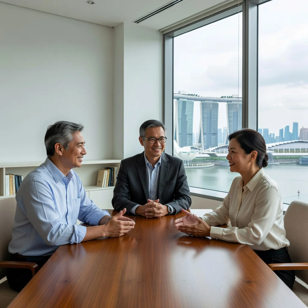 A photorealistic image of a peaceful family mediation session in a modern Singapore office, showing two parents discussing amicably with a neutral mediator, emphasizing harmony and agreement in parenting matters, no children visible, warm lighting, professional atmosphere.