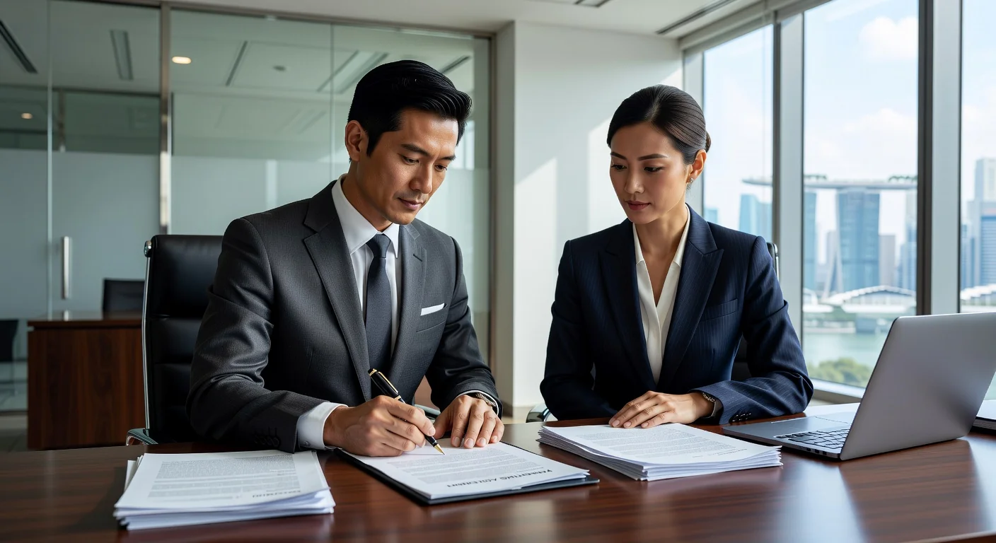 Professional couple signing legal documents