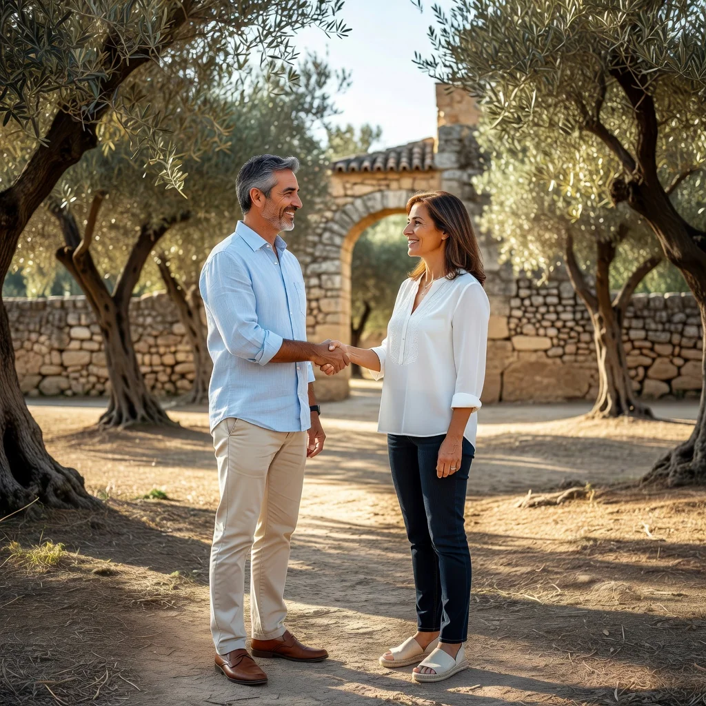 A photorealistic image depicting a serene family moment between two separated parents, focusing on their cooperative interaction and shared parental responsibilities, symbolizing the essence of a custody agreement in Spain. The scene shows the parents in a neutral, everyday setting like a park or home, engaging positively without any children present, emphasizing harmony, legal resolution, and mutual respect in family law matters.