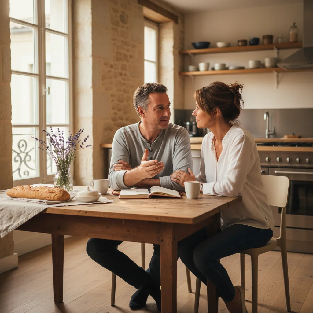A photorealistic image of two middle-aged parents sitting together at a kitchen table in a cozy French home, engaged in a serious yet warm conversation about family matters, with subtle French cultural elements like a baguette on the table, symbolizing parental agreement and planning without any children present.