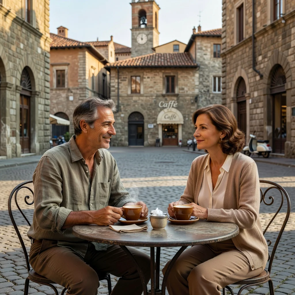 A photorealistic image depicting a peaceful moment between separated parents in Italy, focusing on their cooperative interaction related to child custody arrangements, without showing any children. The scene could include the parents discussing amicably at a café in an Italian cityscape, symbolizing amicable separation or divorce.