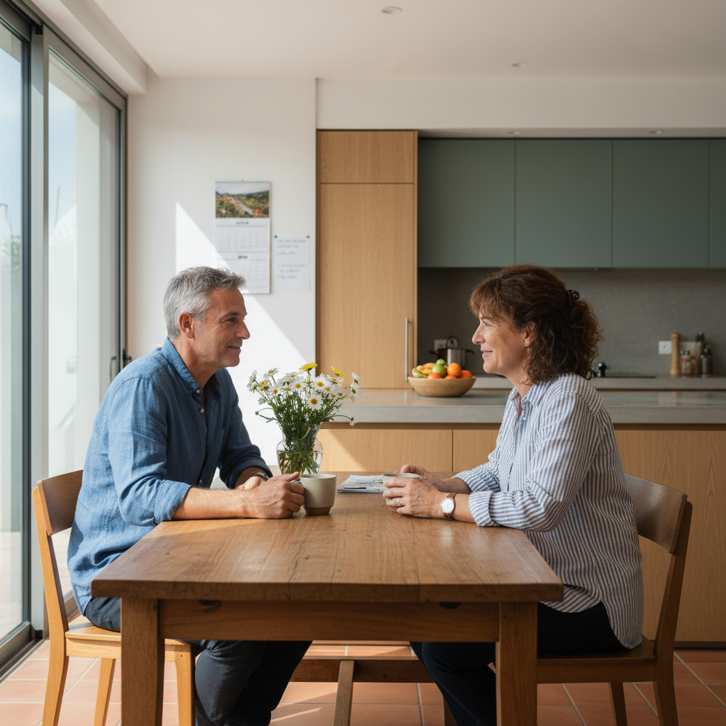 A photorealistic image of a caring father and mother sitting together at a kitchen table in a modern Portuguese home, discussing family matters amicably with warm expressions, symbolizing shared parental responsibilities. No children are present in the image.
