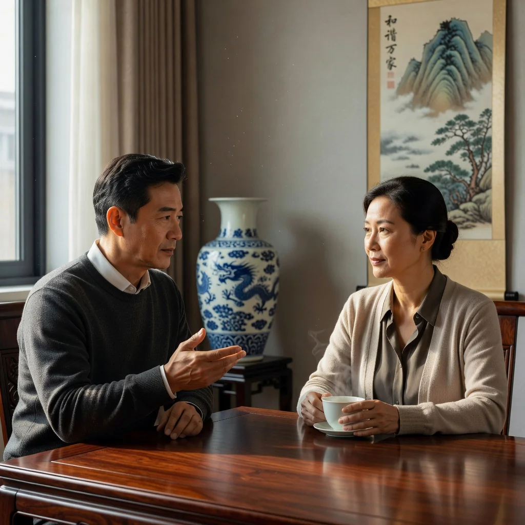 A photorealistic image representing the purpose of child custody agreements in China, showing a peaceful family meeting in a modern Chinese home, with two adults discussing amicably at a table, symbolizing cooperation and resolution in family matters, no children visible.