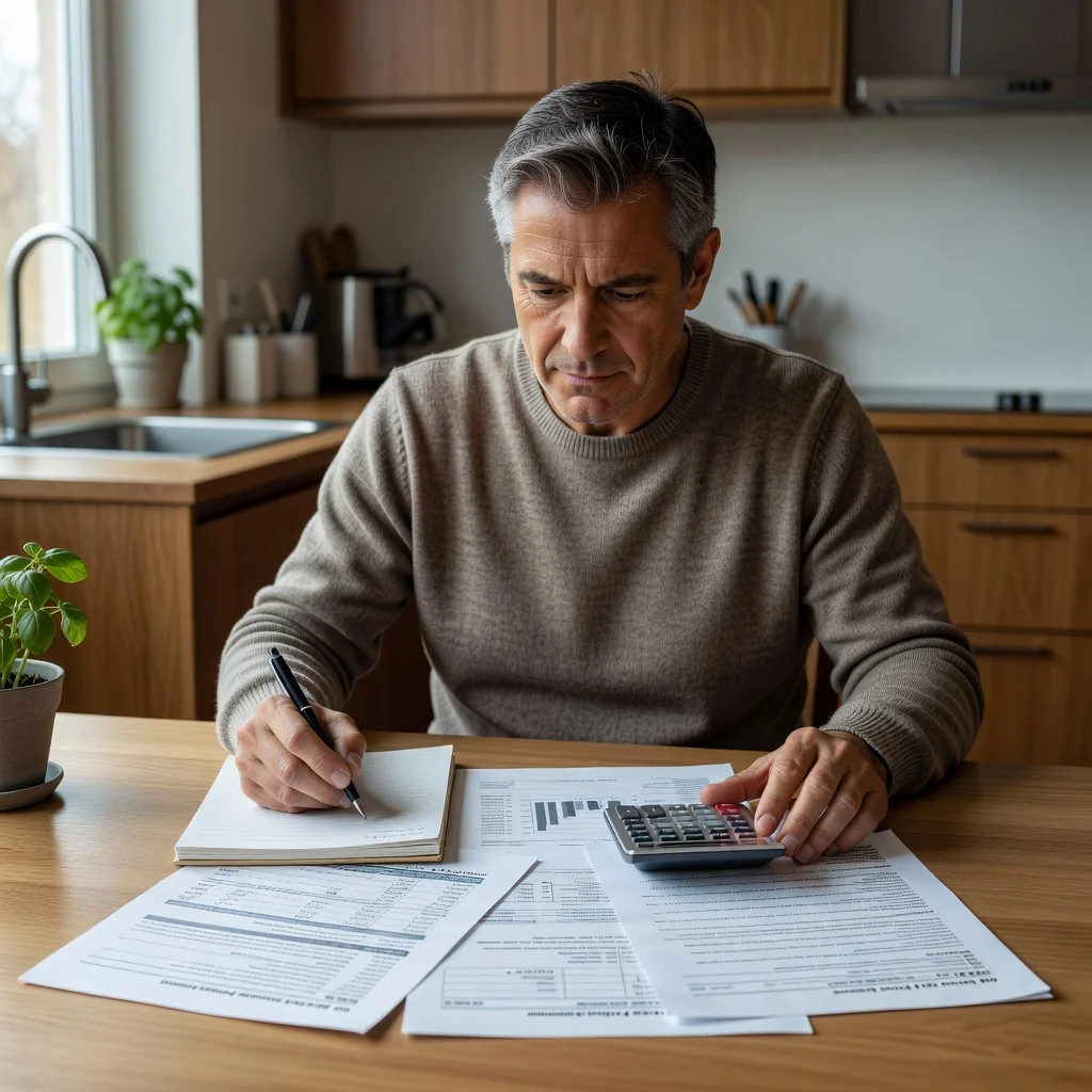A photorealistic image of a caring adult parent in a warm home setting, reviewing financial documents on a table with a calculator and notebook, symbolizing the planning and agreement aspect of child support, with soft natural light and no children present.
