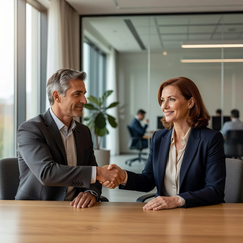 A photorealistic image depicting a peaceful agreement between two adults, such as a couple shaking hands across a table in a professional setting, symbolizing mutual support and financial arrangement, with no children or documents visible.