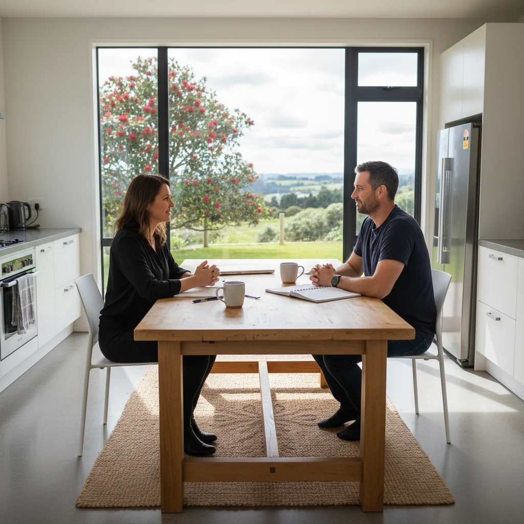 A photorealistic image of a peaceful family meeting between separated parents in a modern New Zealand home, discussing their parenting agreement with calm expressions, emphasizing cooperation and harmony in co-parenting, without showing any children.