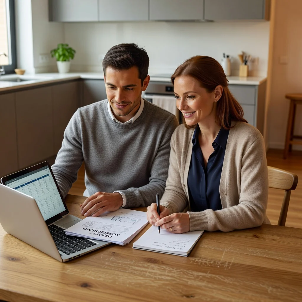 A photorealistic image of a calm adult couple in their 30s sitting together at a wooden kitchen table in a cozy modern home, reviewing financial documents on a laptop, symbolizing the agreement and planning involved in creating a maintenance or support contract. The atmosphere is supportive and collaborative, with soft natural light from a window, no children present.