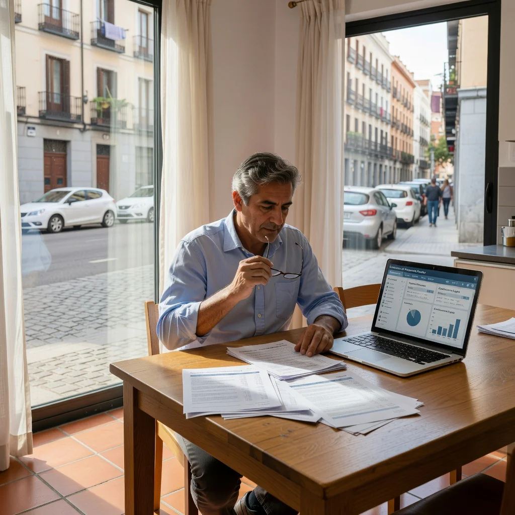 A photorealistic image depicting a caring parent in a modern Spanish home, reviewing financial documents related to child support on a laptop, with subtle elements like a family budget planner in the background, evoking themes of family financial planning and support in Spain. No children are visible in the image.