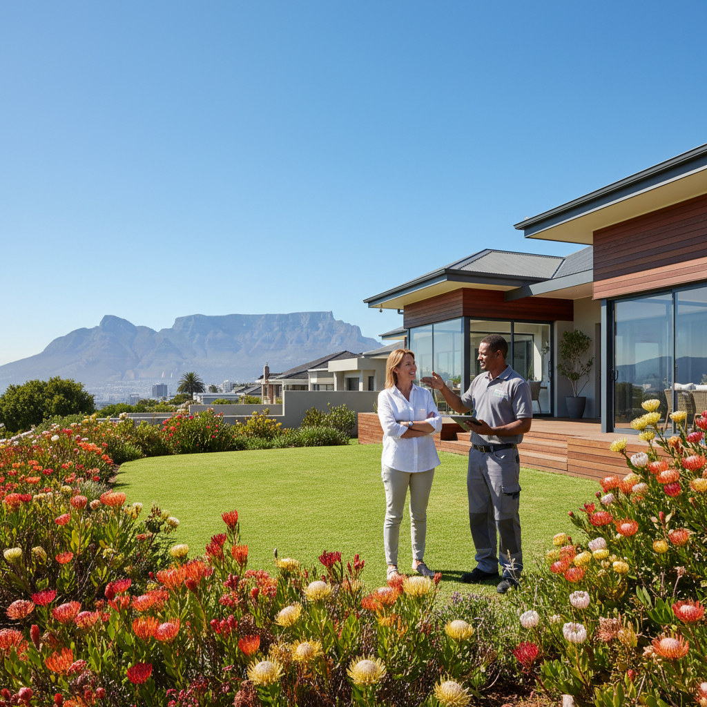 A photorealistic image depicting the benefits of a maintenance agreement for South African property owners, showing a well-maintained suburban home with a lush garden, a satisfied adult property owner inspecting the property with a maintenance worker, under a clear blue South African sky, emphasizing security, upkeep, and peace of mind without any focus on legal documents.
