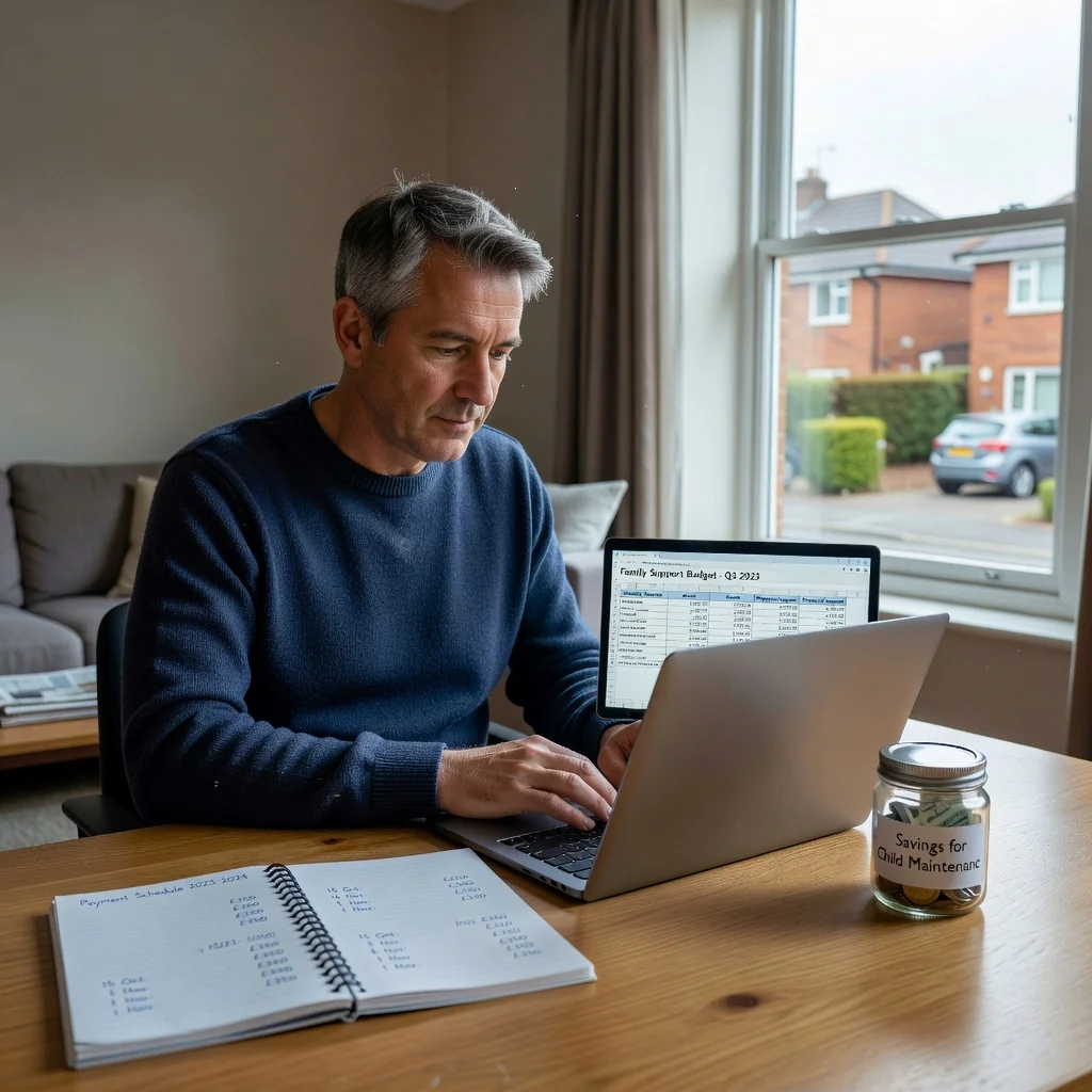 A photorealistic image representing the concept of child maintenance payments under UK law, focusing on parental responsibility and financial support for family well-being. Depict a middle-aged parent in a modern UK home office, thoughtfully reviewing financial documents on a laptop, with subtle elements like a calendar marked with payment dates and a piggy bank symbolizing savings, evoking a sense of careful planning and support. Ensure no children are visible in the image. The style must be entirely photorealistic, like a high-resolution photograph, with no graphics, illustrations, drawings, or cartoon elements.