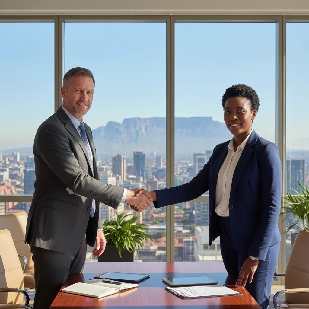A photorealistic image of two adult professionals in a modern South African office shaking hands over a conference table, symbolizing the agreement and maintenance of a business partnership, with subtle South African elements like a flag or cityscape in the background, conveying trust and reliability.