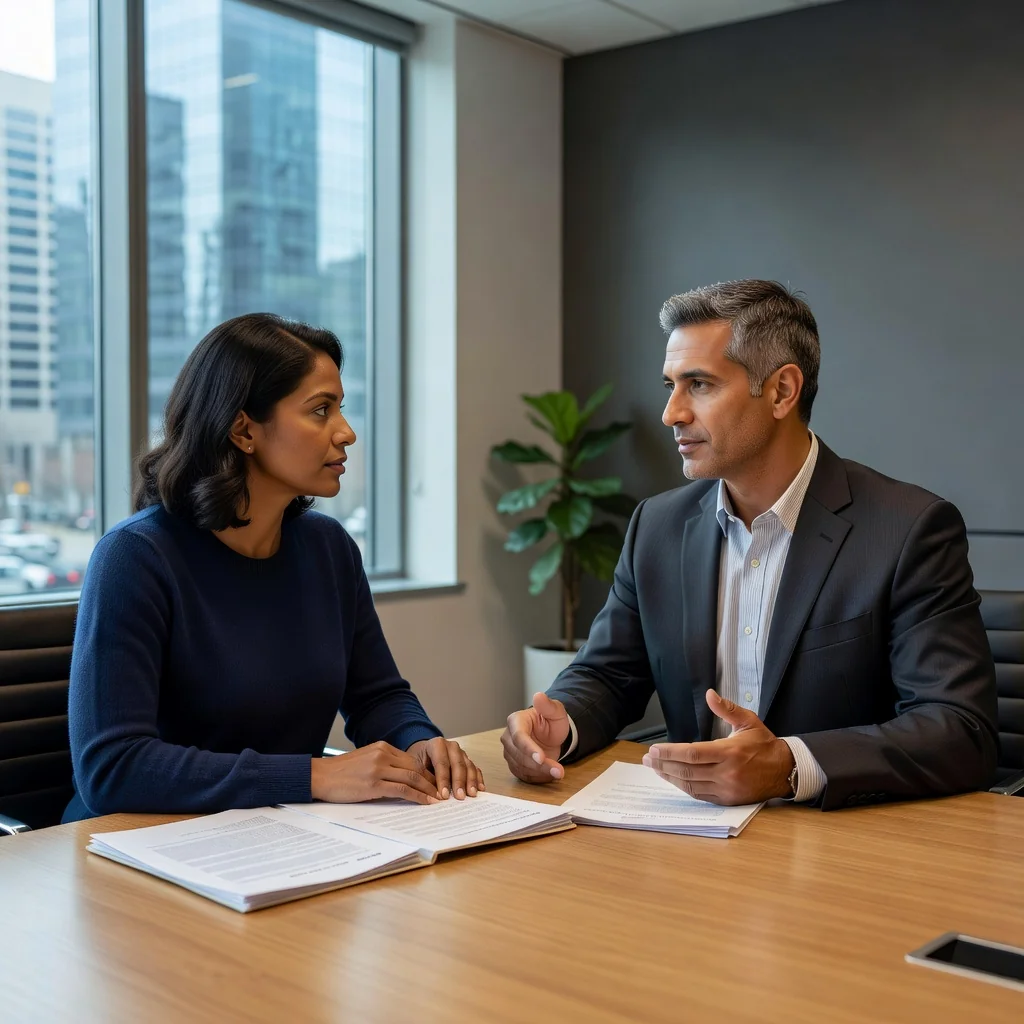 A photorealistic image depicting a caring adult parent and another adult discussing or signing an agreement in a neutral, professional setting like a lawyer's office, symbolizing the arrangement of financial support without showing any children or legal documents directly.