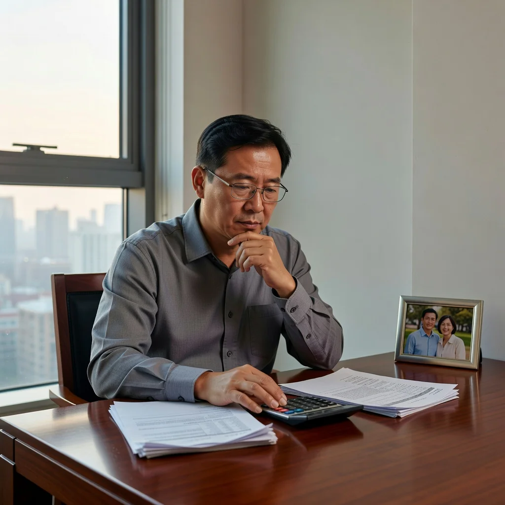 A photorealistic image representing the essence of a child support agreement in China, focusing on parental responsibility and family support without showing any children. Depict a concerned adult parent in a modern Chinese home setting, reviewing financial documents or a calculator on a table with subtle Chinese cultural elements like a window view of a cityscape, conveying thoughtfulness and commitment to familial obligations.
