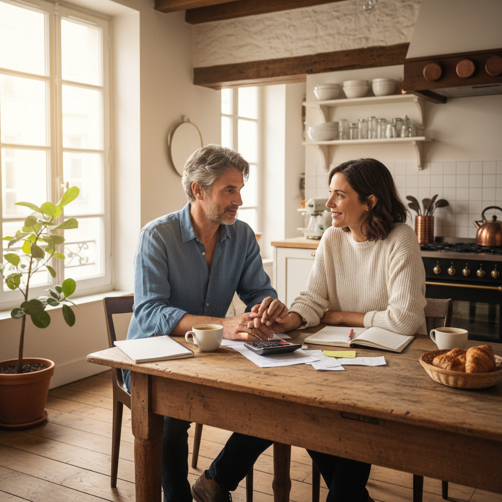 A photorealistic image depicting a supportive family scene in a modern French home, focusing on adult family members discussing financial matters calmly at a kitchen table, symbolizing the purpose of a pension alimentaire agreement in providing financial support between separated adults, with warm natural light and everyday elements like coffee cups, evoking stability and mutual care, no children present.