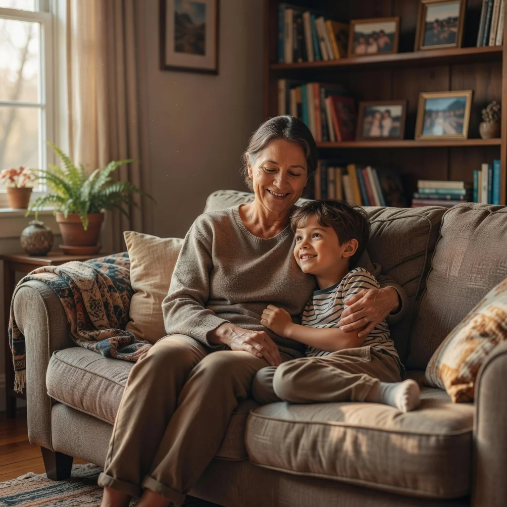 A photorealistic image representing family harmony and parental support in a divorce context, showing a caring parent spending quality time with their child in a peaceful home setting, emphasizing emotional well-being and stability without focusing on legal aspects.
