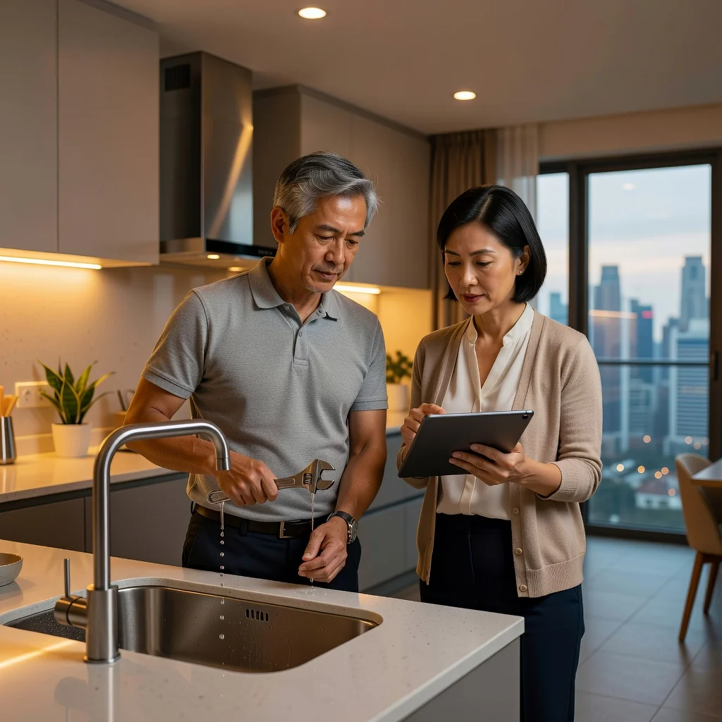 A professional scene representing the purpose of a maintenance agreement in Singapore, showing a middle-aged Asian couple in a modern Singaporean apartment, with one person examining a leaking kitchen faucet while the other consults a tablet, symbolizing home maintenance and agreement discussions. The image conveys reliability and resolution without focusing on documents.
