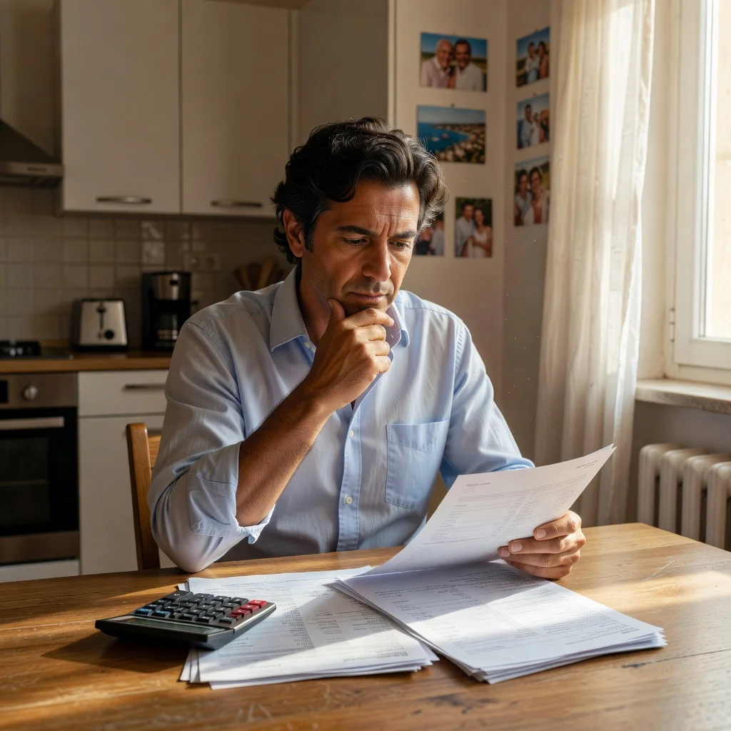 A photorealistic image depicting a caring Italian parent in a home setting, reviewing family financial documents with a thoughtful expression, symbolizing the maintenance and support for family well-being, with warm natural lighting and authentic details of everyday Italian life.
