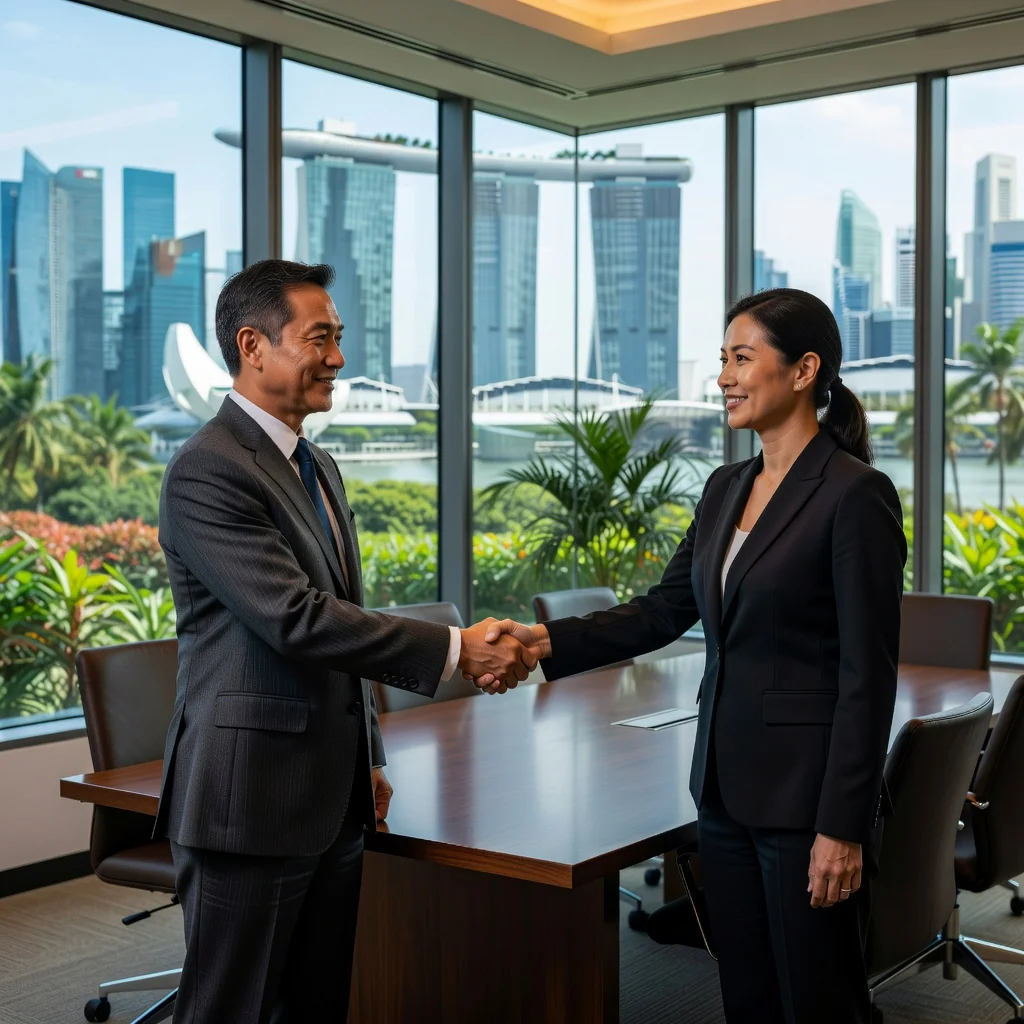 A photorealistic image of two professionals in business attire shaking hands across a conference table in a modern Singapore office, with a city skyline visible through the window, symbolizing agreement and partnership in maintenance contracts. No children or legal documents shown.