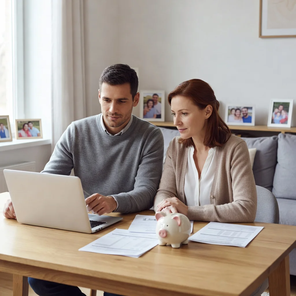 A photorealistic image representing the supportive and cooperative aspects of child maintenance arrangements between separated parents, focusing on parental care and responsibility without showing any children. The scene depicts two adults, one male and one female, in a modern living room, sitting at a table with a laptop open, engaged in a calm discussion, symbolizing the planning of financial support for family well-being.