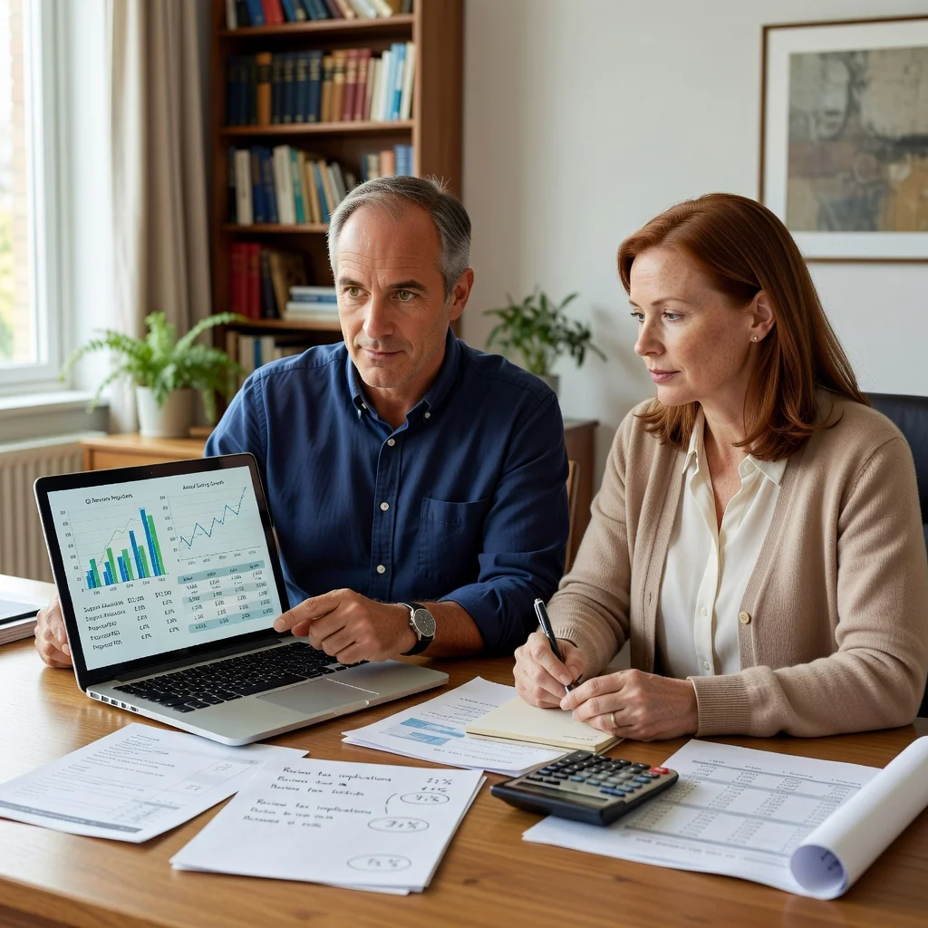 A photorealistic image depicting a caring parent and a co-parenting adult in a modern home office, reviewing financial documents together on a laptop, symbolizing cooperative child support arrangements. The scene conveys trust, responsibility, and family support without showing any children.
