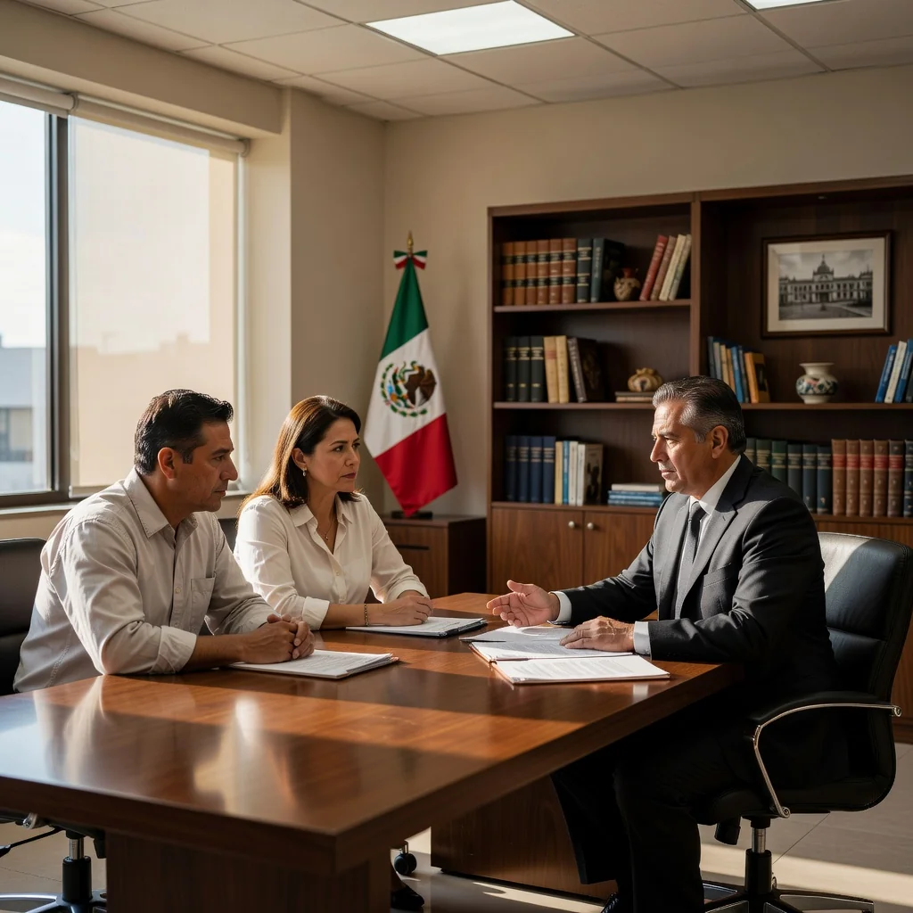 A photorealistic image representing the modification of a child support agreement in Mexico, focusing on a diverse group of adults such as parents and a lawyer in a professional meeting room, discussing paperwork seriously, with Mexican cultural elements in the background like a flag or cityscape view, conveying themes of family support and legal resolution without any depiction of children.