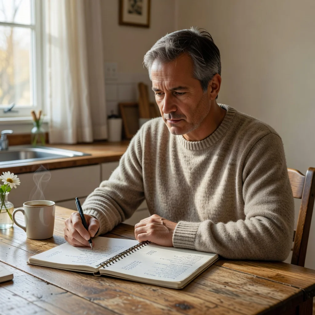 A photorealistic image representing family support and parental responsibility, showing a caring parent in a modern home setting, perhaps organizing household finances or reviewing important papers on a table, with warm lighting to convey security and care, without any depiction of children or legal documents.