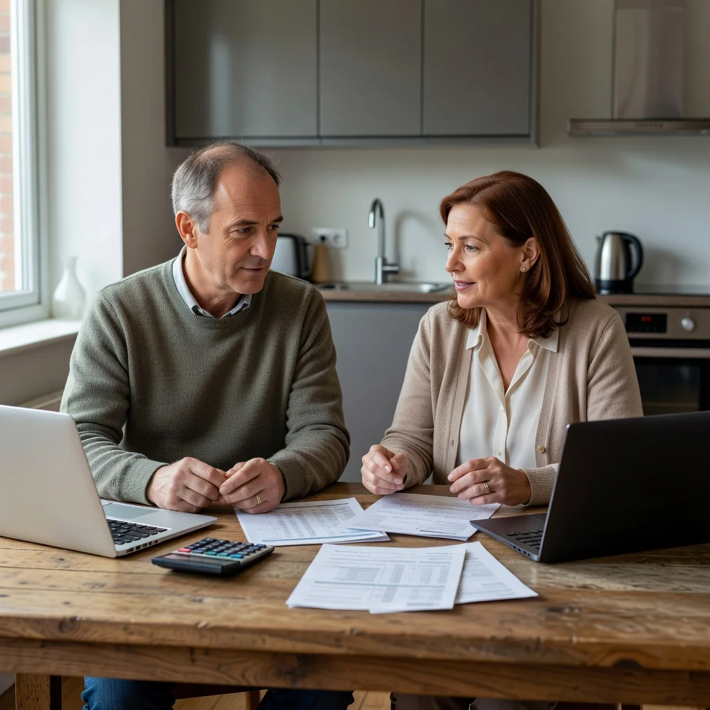 A photorealistic image depicting a concerned adult couple in a modern UK home, sitting at a kitchen table with laptops and notebooks, discussing financial matters related to child support, emphasizing a calm and cooperative atmosphere without any children present.