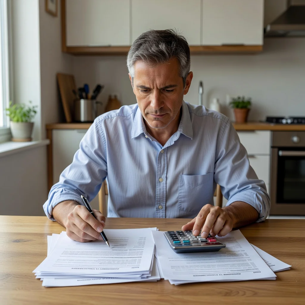 A photorealistic image depicting a thoughtful adult parent in a modern home setting, reviewing family financial documents on a table, symbolizing the process of modifying child support agreements, with no children present.