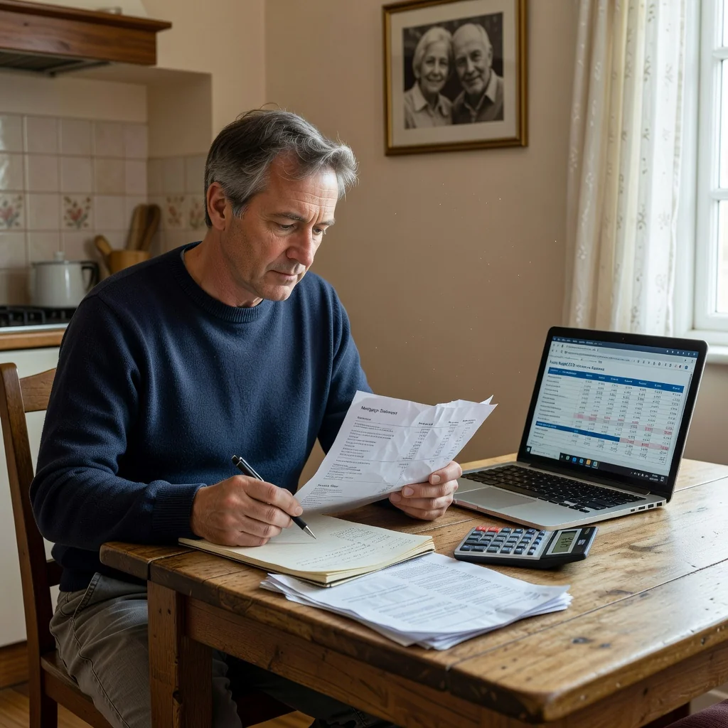 A photorealistic image representing the concept of child maintenance agreements in the UK, focusing on parental responsibility and financial support. Depict a caring adult parent in a modern British home setting, reviewing financial documents at a table with a calculator and laptop, symbolizing planning for family support. The scene should convey responsibility, security, and family well-being without showing any children. Ensure the image is entirely photorealistic, with no graphics, drawings, or illustrations.