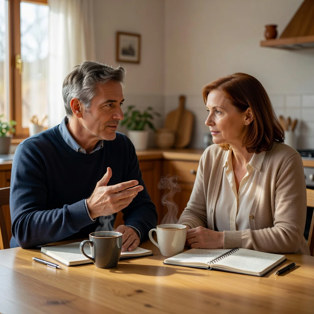 A photorealistic image representing parental agreement and family support, showing two adults in a calm discussion at a table with coffee cups, symbolizing the negotiation of child support arrangements. The focus is on cooperation and responsibility, with warm lighting in a home setting. No children are visible in the image.