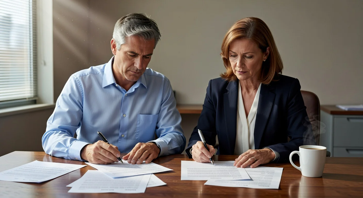 Two adults signing custody agreement