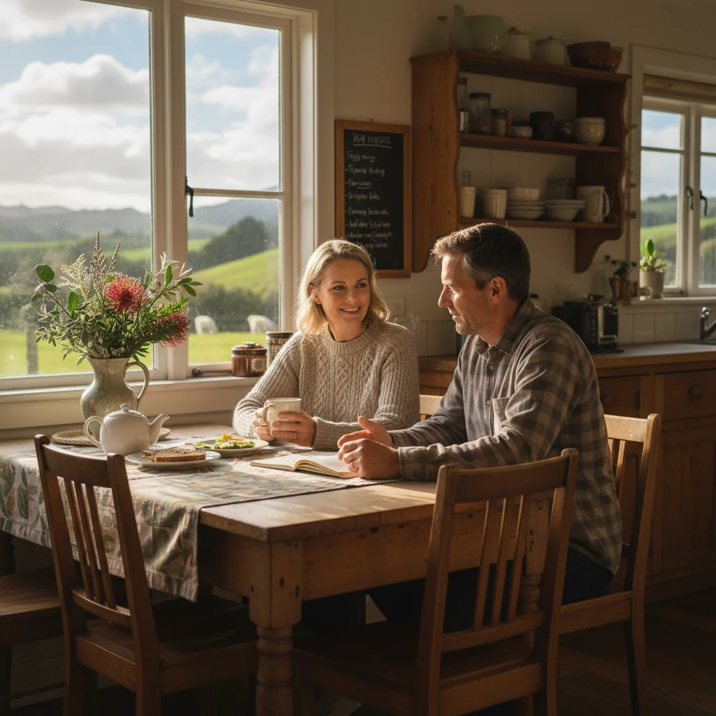A photorealistic image of a caring mother and father sitting together at a kitchen table in a cozy New Zealand home, engaged in a calm and collaborative discussion about family matters, with warm sunlight streaming through the window, symbolizing harmony and agreement in parenting without showing any children.